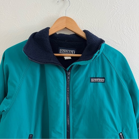 Vintage 90s Lands' End Fleece Lined Jacket Teal Navy Blue Pockets Winter Size L - Picture 3 of 16